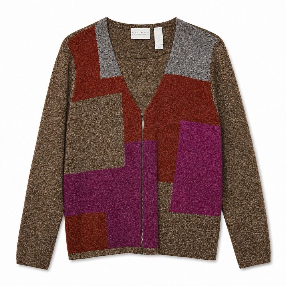 First Issue Cardigan Sweater Women's Large Multicolor Geometric Zip Front Knit